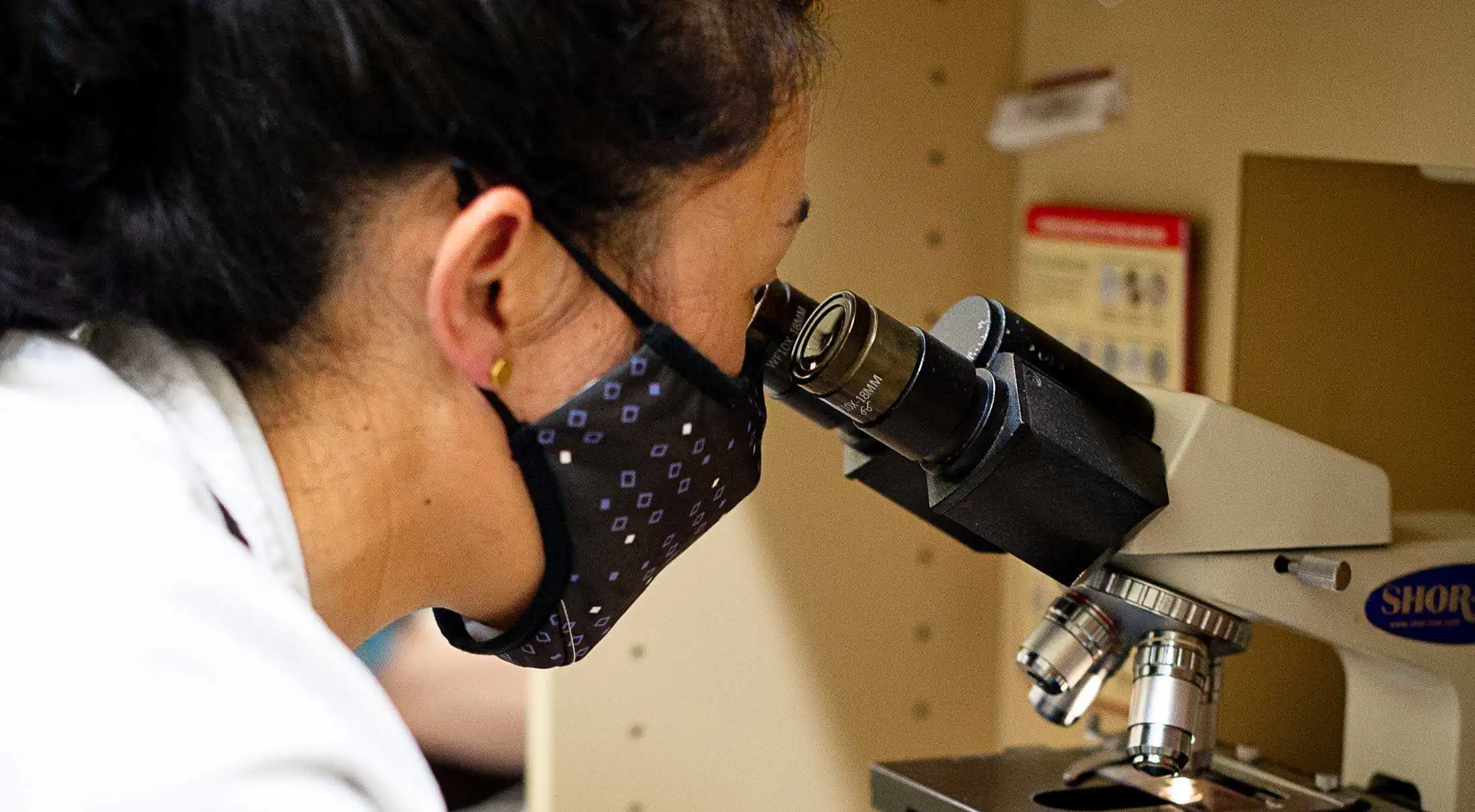 A doctor examining a sample with a microscope